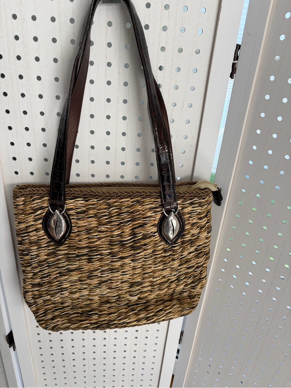 Brighton Woven Straw Tote with Dark Brown Leather Straps